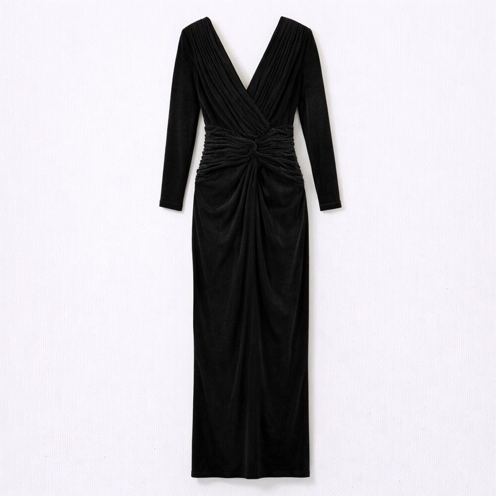 Tadashi Collection Glam Black Velvet Ruched Surplice Maxi Gown Long Sleeve 8